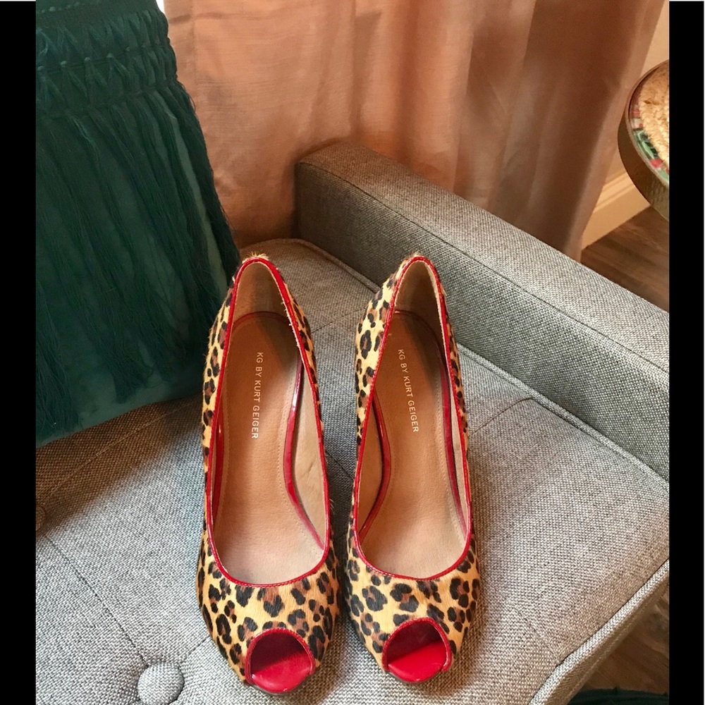 Kurt Geiger leopard print red heeled peep toes 9